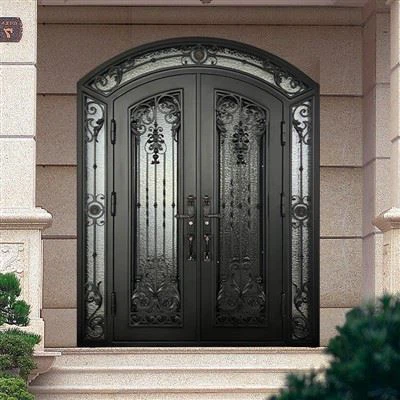 Porta de vidre de ferro forjat doble